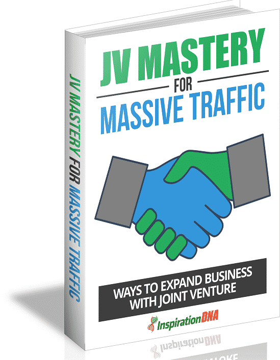 JV Mastery for Massive Traffic ebook cover with white background showing joint venture strategies