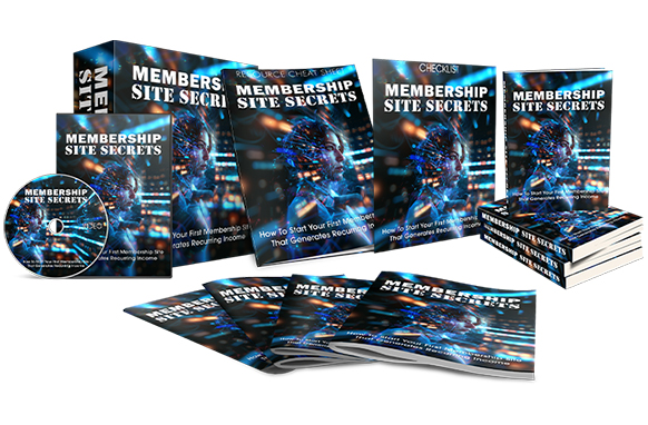 Collection of Membership Site Secrets books and guides showing training modules for recurring income