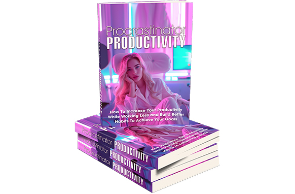 Procrastinator Productivity guide showing a person climbing steps toward goals with clock and habits icons