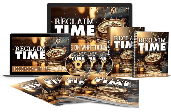 Reclaim Time PLR package graphic showing time management upgrade modules for digital download and resell