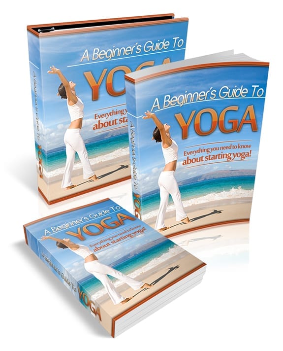 A Beginner's Guide To Yoga book cover with exercise illustrations and resell rights digital download