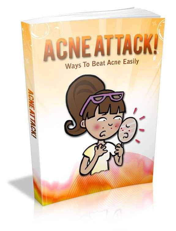Acne Attack digital book cover showing clear skin solutions for acne-prone faces