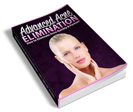 Advanced Acne Elimination ebook cover showing clear skin before and after results for digital download with PLR MRR rights