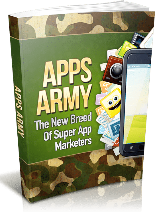 Apps Army digital book cover showcasing app marketing strategies and PLR resell rights
