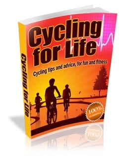 Cycling For Life digital eBook cover showing a cyclist riding towards sunset with wind at back