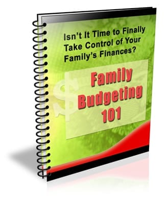 Family Budgeting 101 PLR ebook cover showing a family budgeting digital download with resell rights