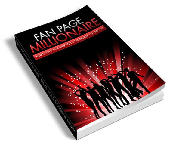 Fan Page Millionaire eBook cover showing Facebook fan gate strategy with PLR resell rights
