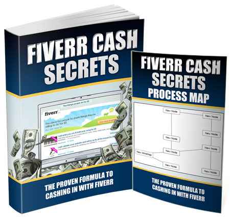 Fiverr Cash Secrets e-book cover showing a computer with cash and a five dollar bill graphic