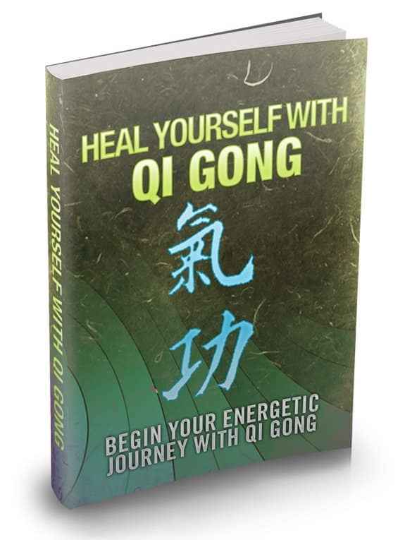 Illustrated cover of Heal Yourself With Qi Gong digital guide with PLR rights, featuring a meditative figure and energy symbols