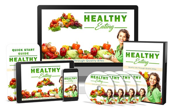 Healthy eating digital course with PLR MRR resell rights, showing nutrition and wellness concepts
