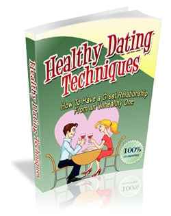 Healthy Dating Techniques ebook cover showing couple silhouette with romantic sunset background