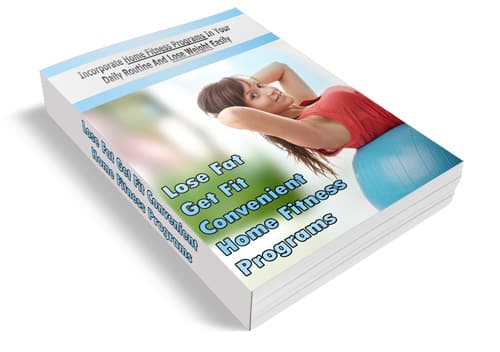 Home fitness program e-book with PLR MRR resell rights showing a person working out at home