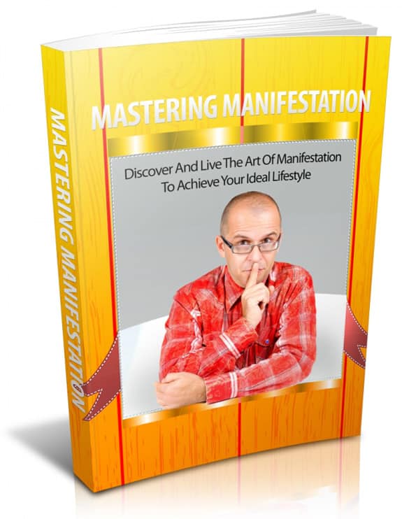 Mastering Manifestation digital PLR guide – ebook cover showing a person meditating and a glowing life wheel