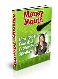 Professional speaker with money mouth graphic representing paid speaking income opportunities and PLR digital product
