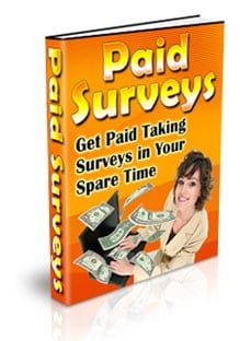 Paid surveys ebook cover showing money-making from home with resell rights