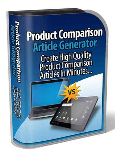 Software interface screenshot for creating product comparison articles with PLR resell rights