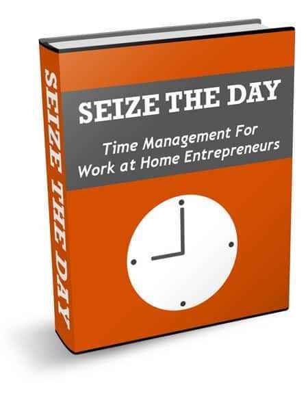 Seize the Day digital product cover showing entrepreneur productivity and time management strategies for home business