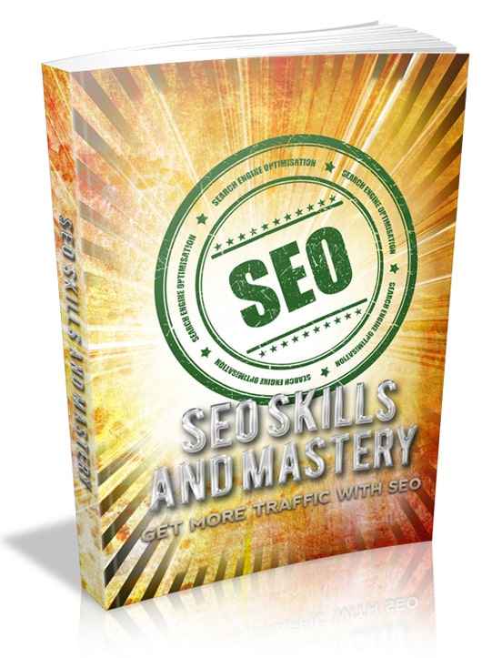 SEO Skills Mastery e-book cover showing digital download with PLR resell rights