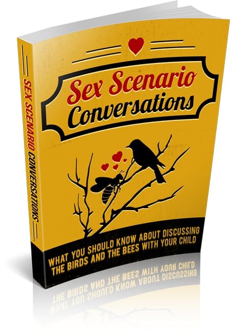 A parent and child having a calm conversation about the birds and the bees, using an open book as a guide.