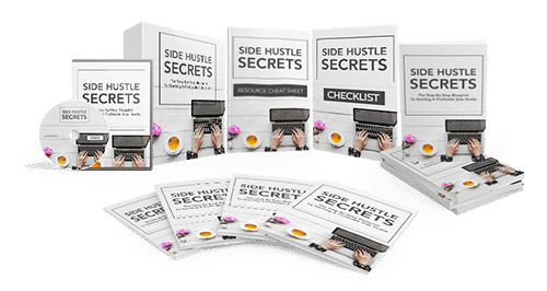 Side hustle secrets video course screenshot showing entrepreneurial growth and digital download PLR MRR products
