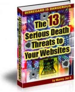 Ebook cover showing 13 serious death threats to website security - PLR digital download with resell rights