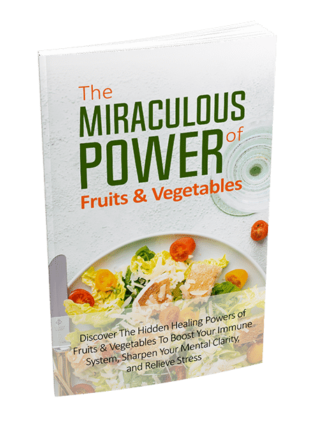 Ebook cover showing fruits and vegetables with title, digital download with PLR/MRR resell rights
