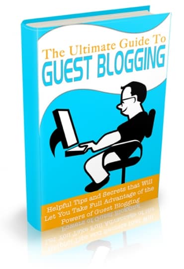 Digital guide to guest blogging with PLR resell rights, showing book cover and strategies for bloggers