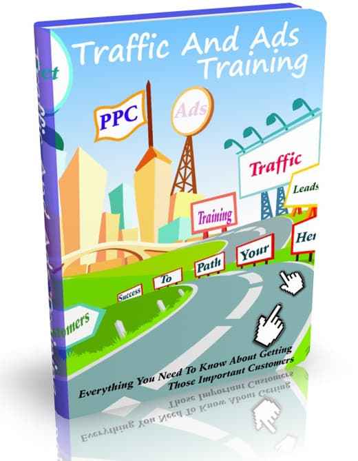 Traffic and Ads Training digital ebook cover showing strategies for driving site traffic with PLR rights