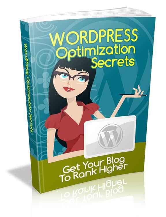 WordPress Optimization Secrets book cover showing SEO and blogging tips for digital download with PLR rights