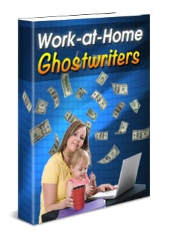 Work-At-Home Ghostwriters ebook cover showing a home office setup with laptop and coffee